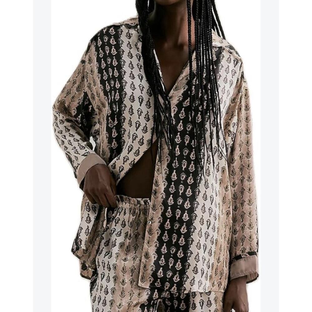 Free People Dreamy Days Pajama Top Sleep Shirt ONLY Neutral Combo Size Small - Picture 2 of 11